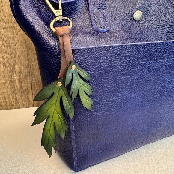 Leather Autumn Fall Purse Charm Oak Leaf Bag Charm Genuine Leather Keychain - Picture 2 of 9